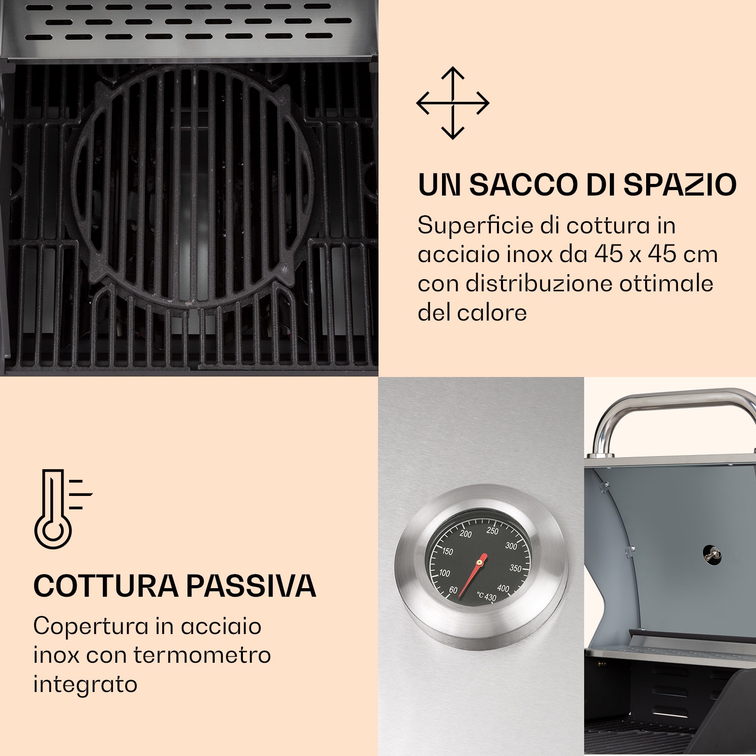 Lucifer 2 - Griglia a gas, 2 bruciatori da 3,6 kW, griglia da 45 x 45 cm, acciaio inox, mobile 2 bruciatori | Argento metallizzato
