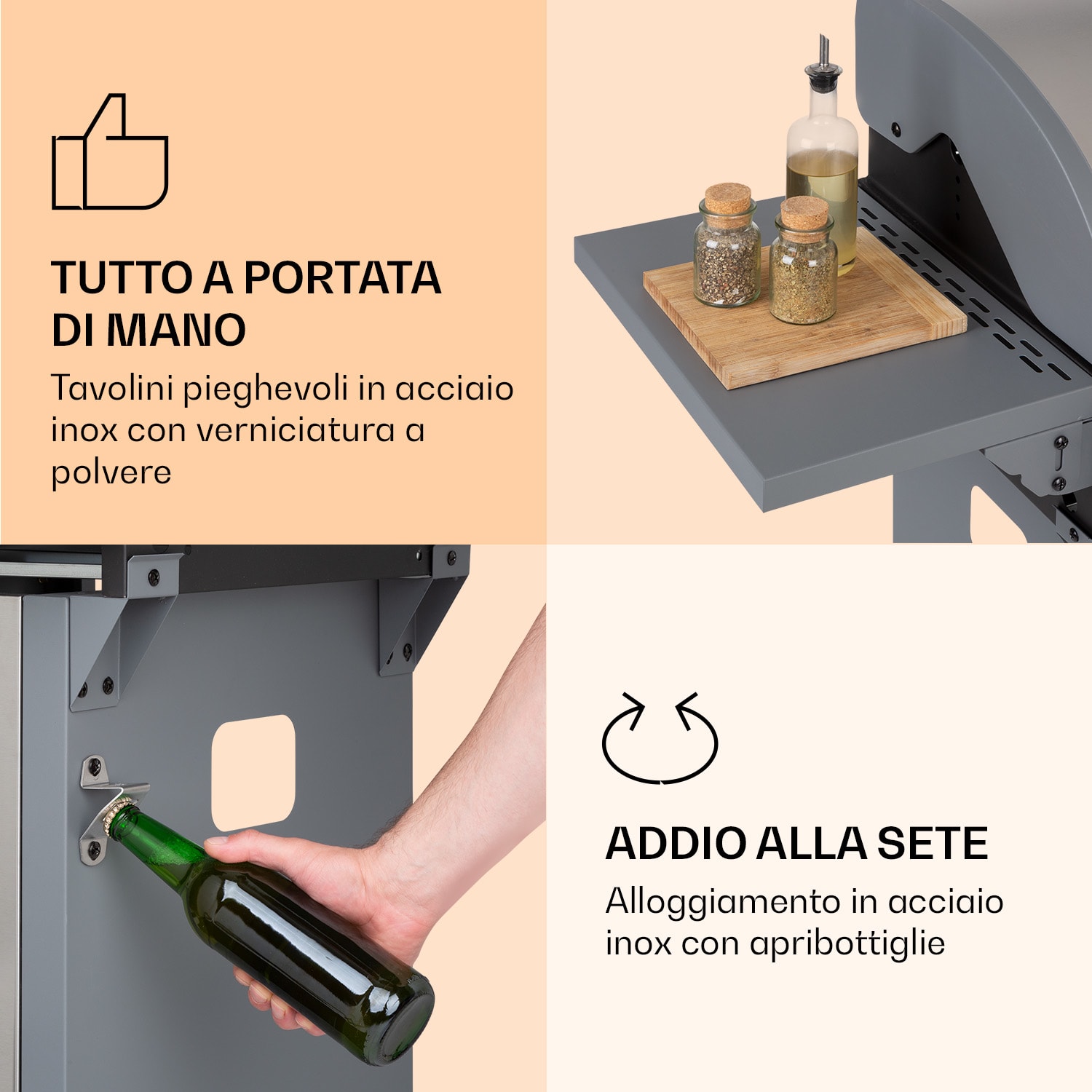 Lucifer 2 - Griglia a gas, 2 bruciatori da 3,6 kW, griglia da 45 x 45 cm, acciaio inox, mobile 2 bruciatori | Argento metallizzato