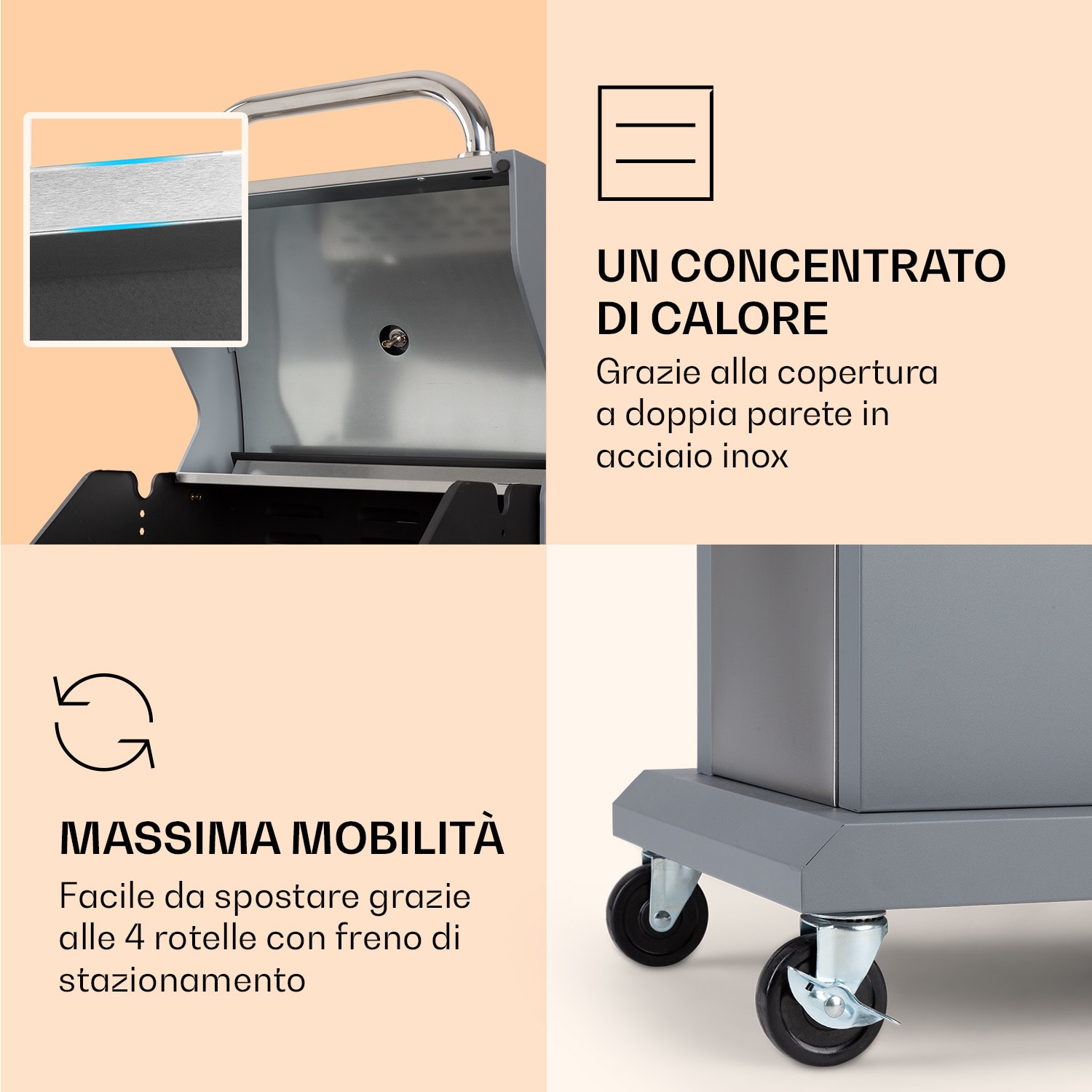 Lucifer 2 - Griglia a gas, 2 bruciatori da 3,6 kW, griglia da 45 x 45 cm, acciaio inox, mobile 2 bruciatori | Argento metallizzato
