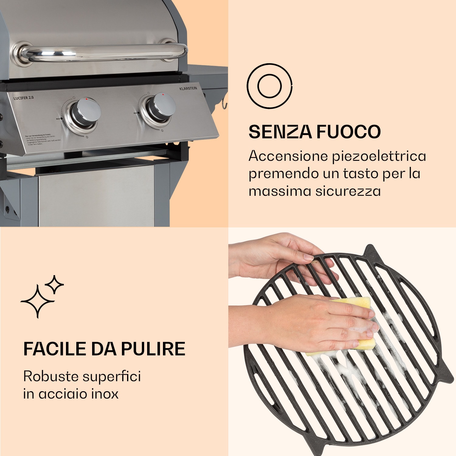 Lucifer 2 - Griglia a gas, 2 bruciatori da 3,6 kW, griglia da 45 x 45 cm, acciaio inox, mobile 2 bruciatori | Argento metallizzato