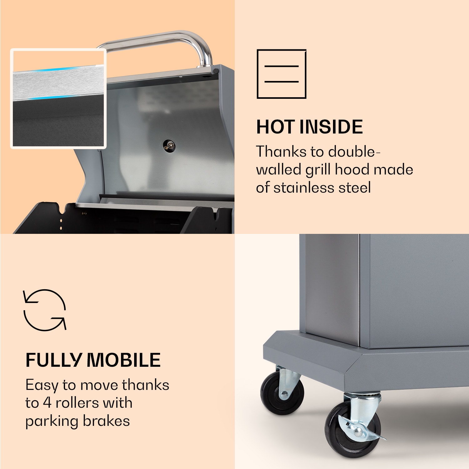 Lucifer 2 Gas Grill 2 x 3.6 kW burners 45x45cm barbecue stainless steel mobile 2 burners | Silver Metallic