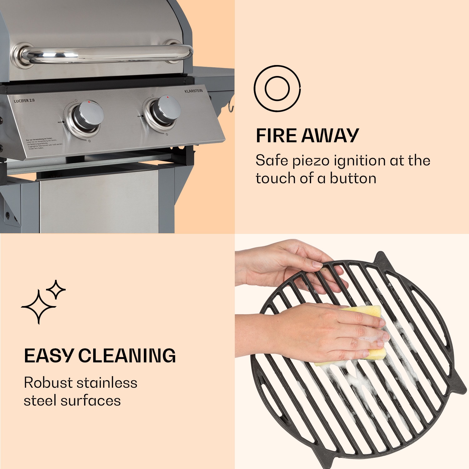 Lucifer 2 Gas Grill 2 x 3.6 kW burners 45x45cm barbecue stainless steel mobile 2 burners | Silver Metallic