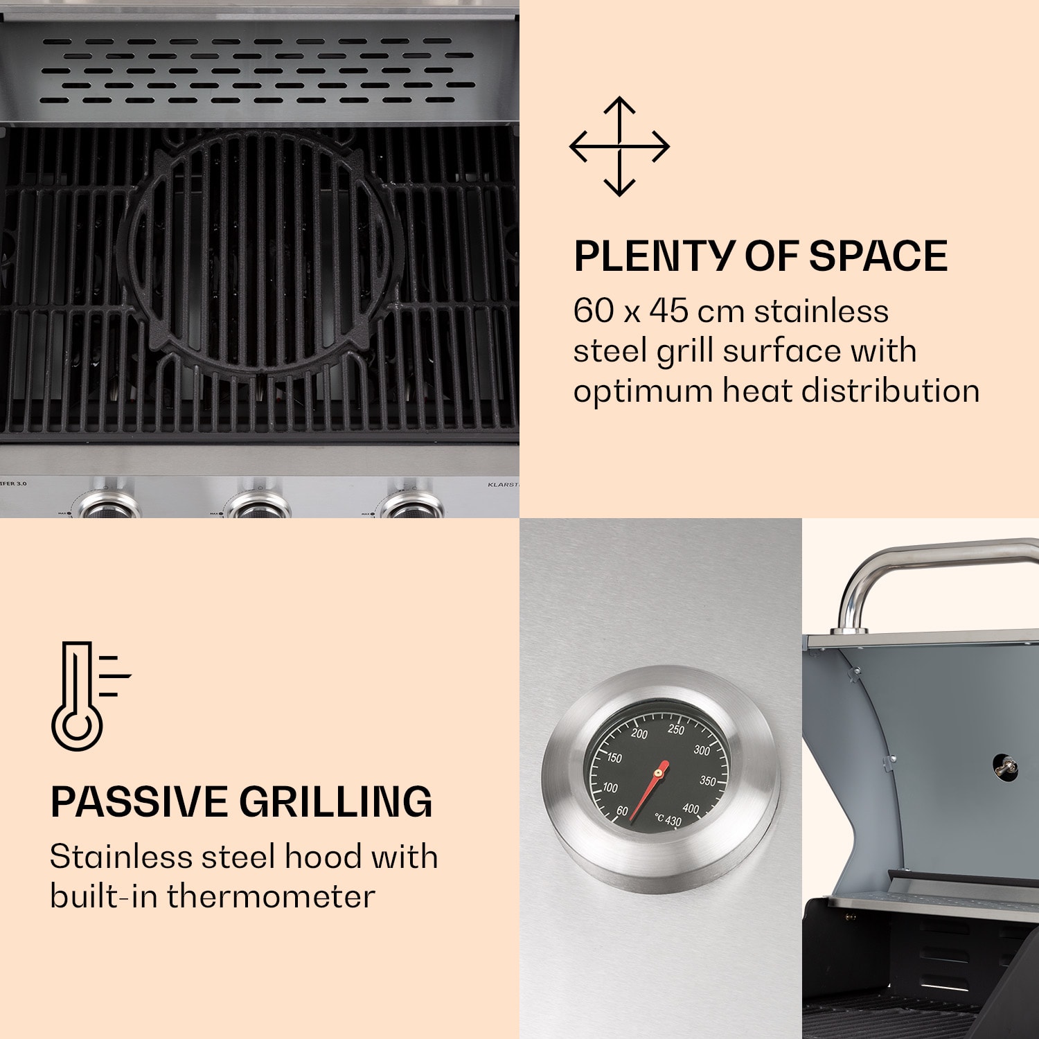 Lucifer 3 Gas Grill 3 x 3.6 kW burners 60x45cm barbecue stainless steel mobile 3 burners | Silver Metallic