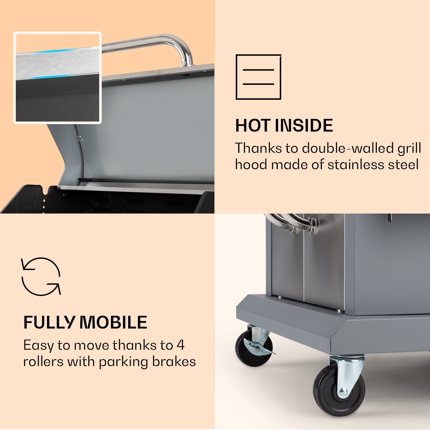 Lucifer 3 Gas Grill 3 x 3.6 kW burners 60x45cm barbecue stainless steel mobile 3 burners | Silver Metallic