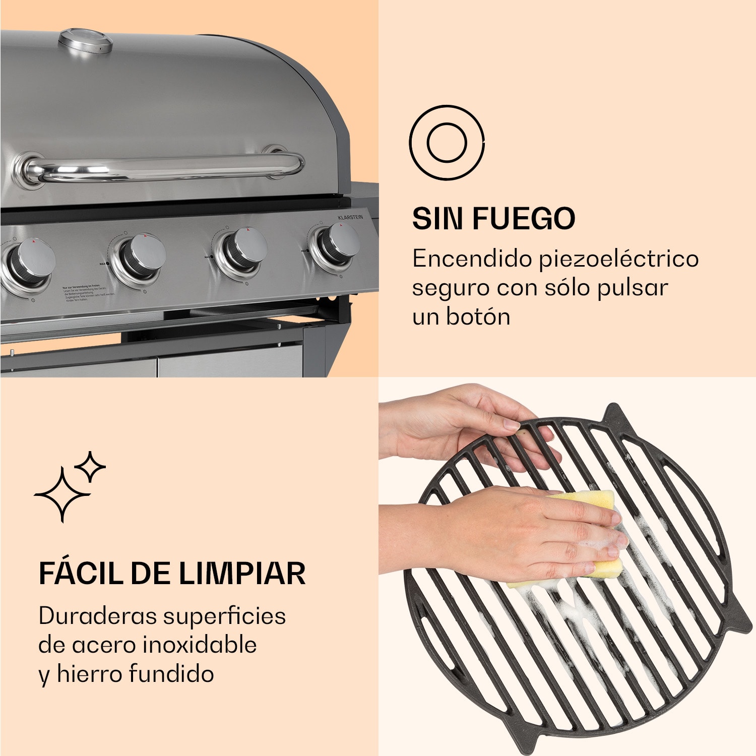 Lucifer 4 Barbacoa de gas 4 quemadores de 3,6 kW 69x45 cm Barbacoa Acero inoxidable Portátil 4 fogones | Plata Metálica