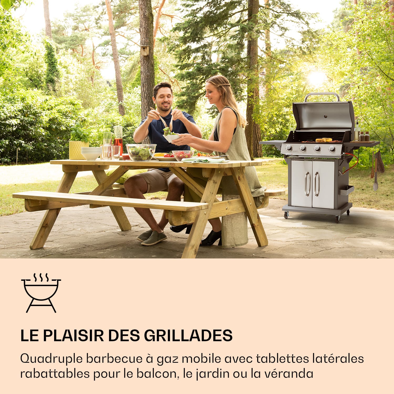 Lucifer 4 Barbecue à gaz 4 x 3,6 kW brûleurs 69 x 45 cm barbecue inox mobile 4 brûleurs | Argent Métallisé