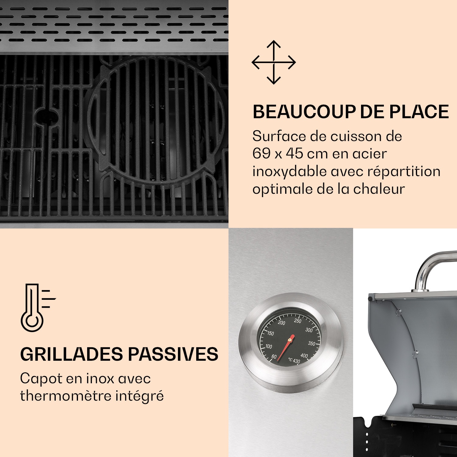 Lucifer 4 gasbarbecue 4 x 3,6 kW branders 69x45cm barbecue rvs mobiel 4 branders | Zilver Metallic