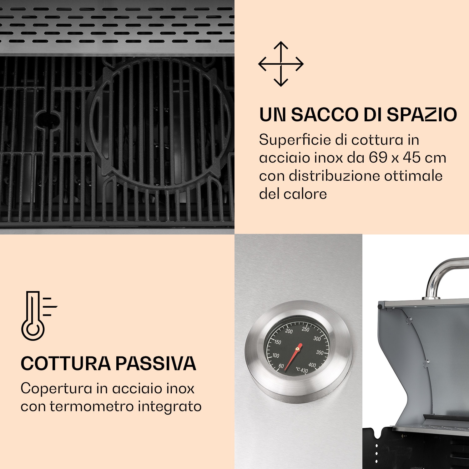 Lucifer 4 - Griglia a gas, 4 bruciatori da 3,6 kW, griglia da 69 x 45 cm, acciaio inox, mobile 4 bruciatori | Argento metallizzato