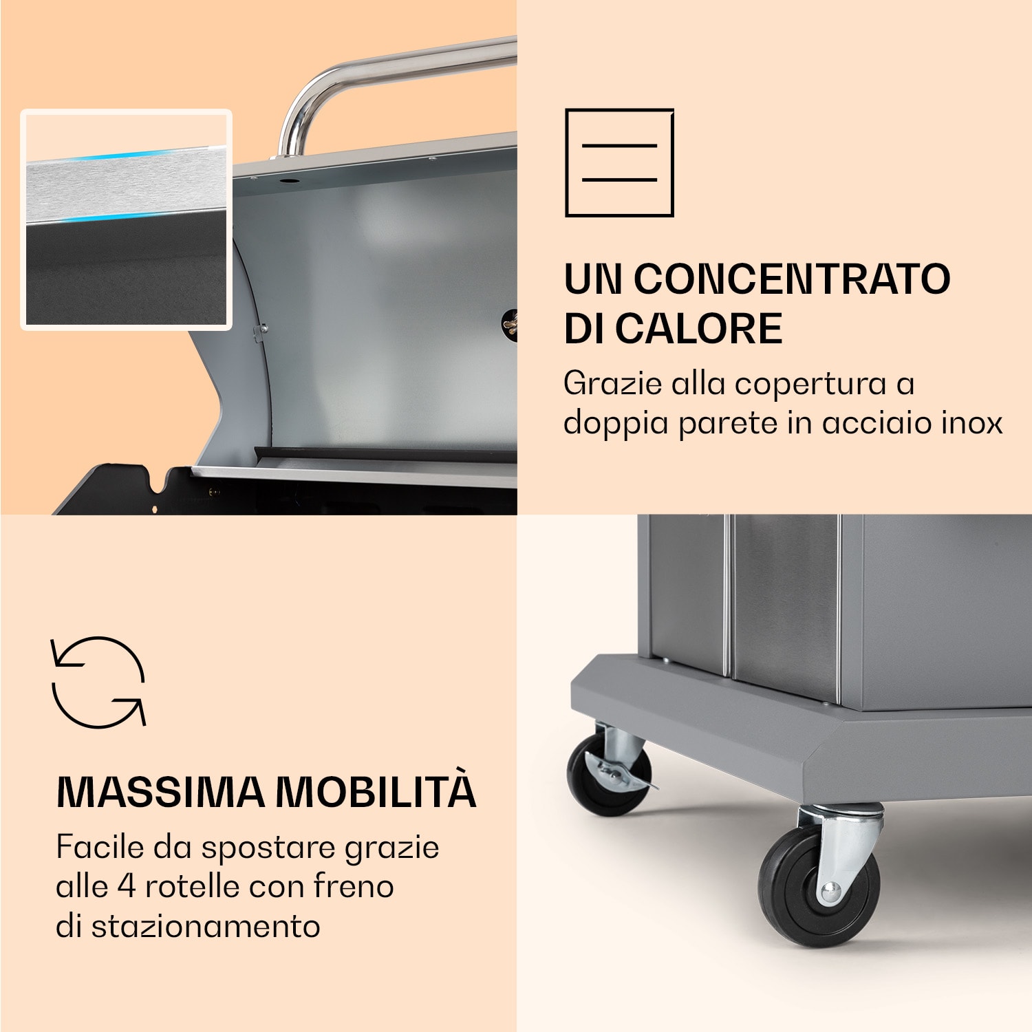 Lucifer 4 - Griglia a gas, 4 bruciatori da 3,6 kW, griglia da 69 x 45 cm, acciaio inox, mobile 4 bruciatori | Argento metallizzato