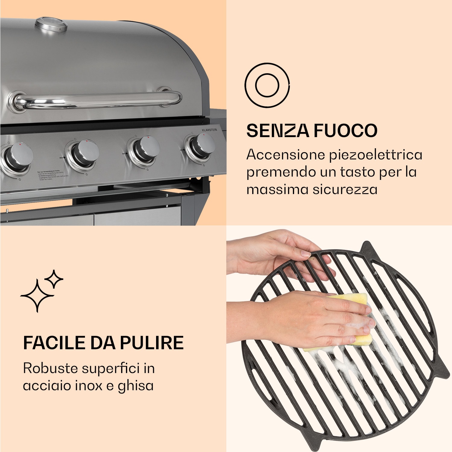 Lucifer 4 - Griglia a gas, 4 bruciatori da 3,6 kW, griglia da 69 x 45 cm, acciaio inox, mobile 4 bruciatori | Argento metallizzato