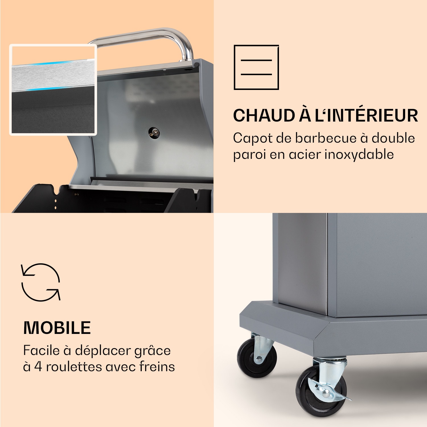 Lucifer 2 Barbecue à gaz 2 x 3,6 kW brûleurs 45 x 45 cm barbecue inox mobile 2 brûleurs | Argent Métallisé