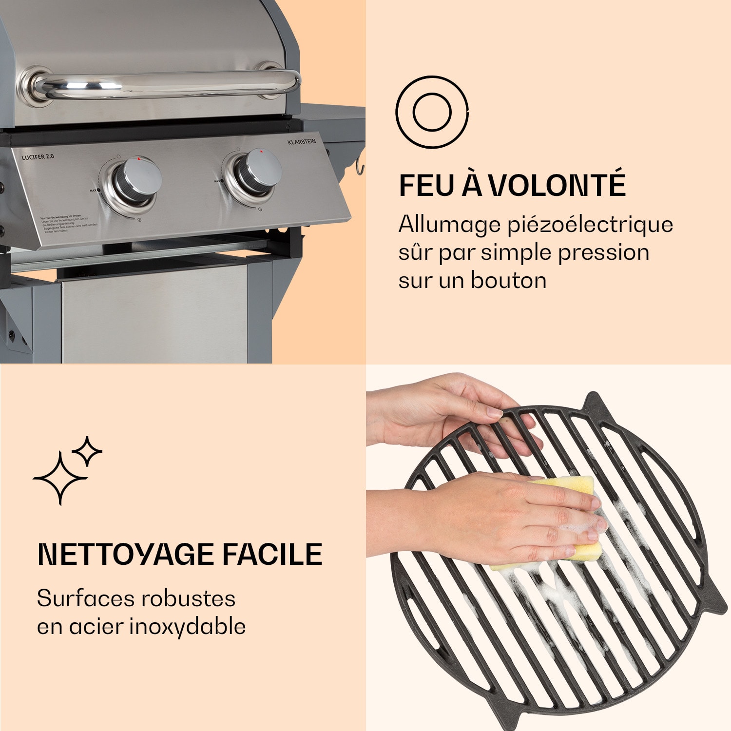 Lucifer 2 Barbecue à gaz 2 x 3,6 kW brûleurs 45 x 45 cm barbecue inox mobile 2 brûleurs | Argent Métallisé