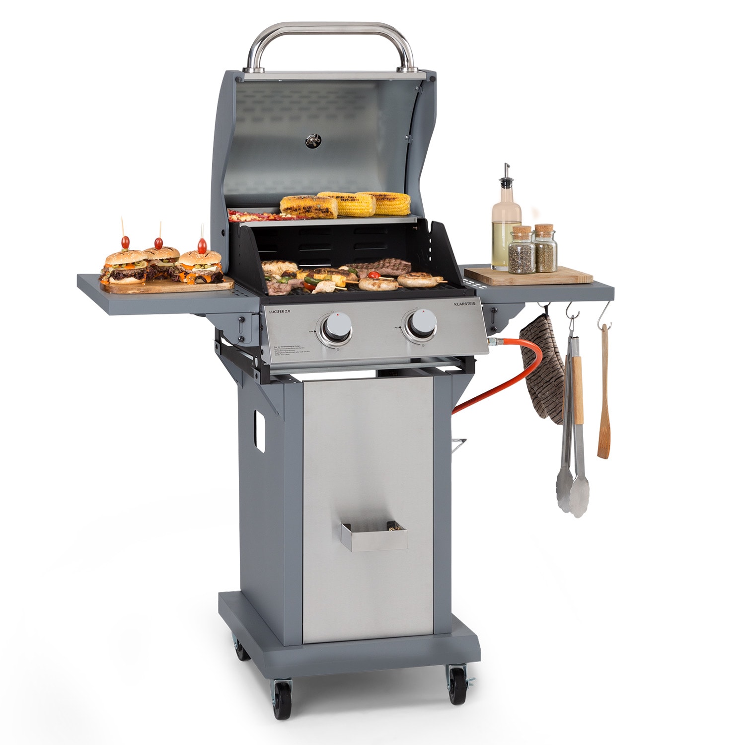 Lucifer 2 Barbecue à gaz 2 x 3,6 kW brûleurs 45 x 45 cm barbecue inox mobile 2 brûleurs | Argent Métallisé