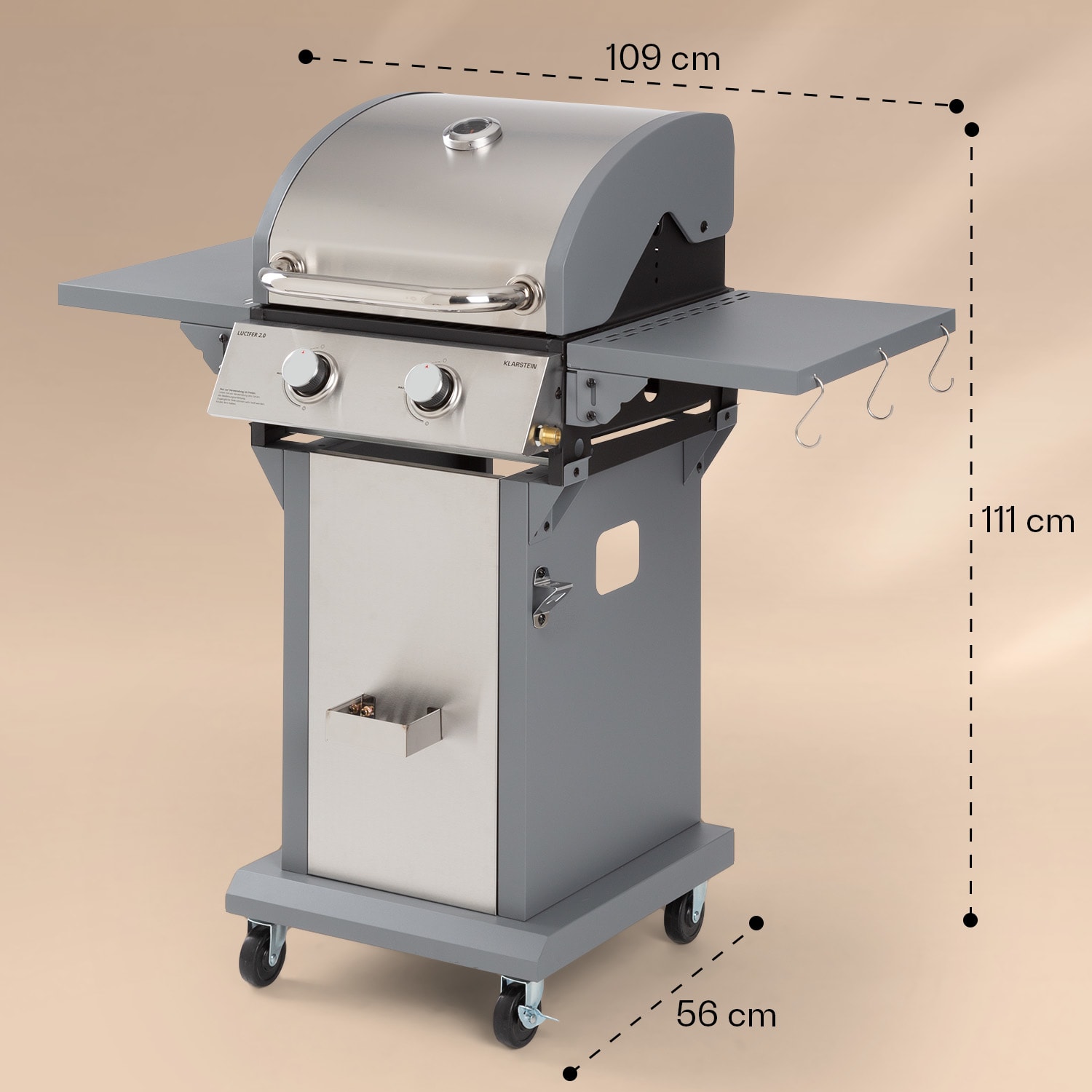 Lucifer 2 Barbecue à gaz 2 x 3,6 kW brûleurs 45 x 45 cm barbecue inox mobile 2 brûleurs | Argent Métallisé