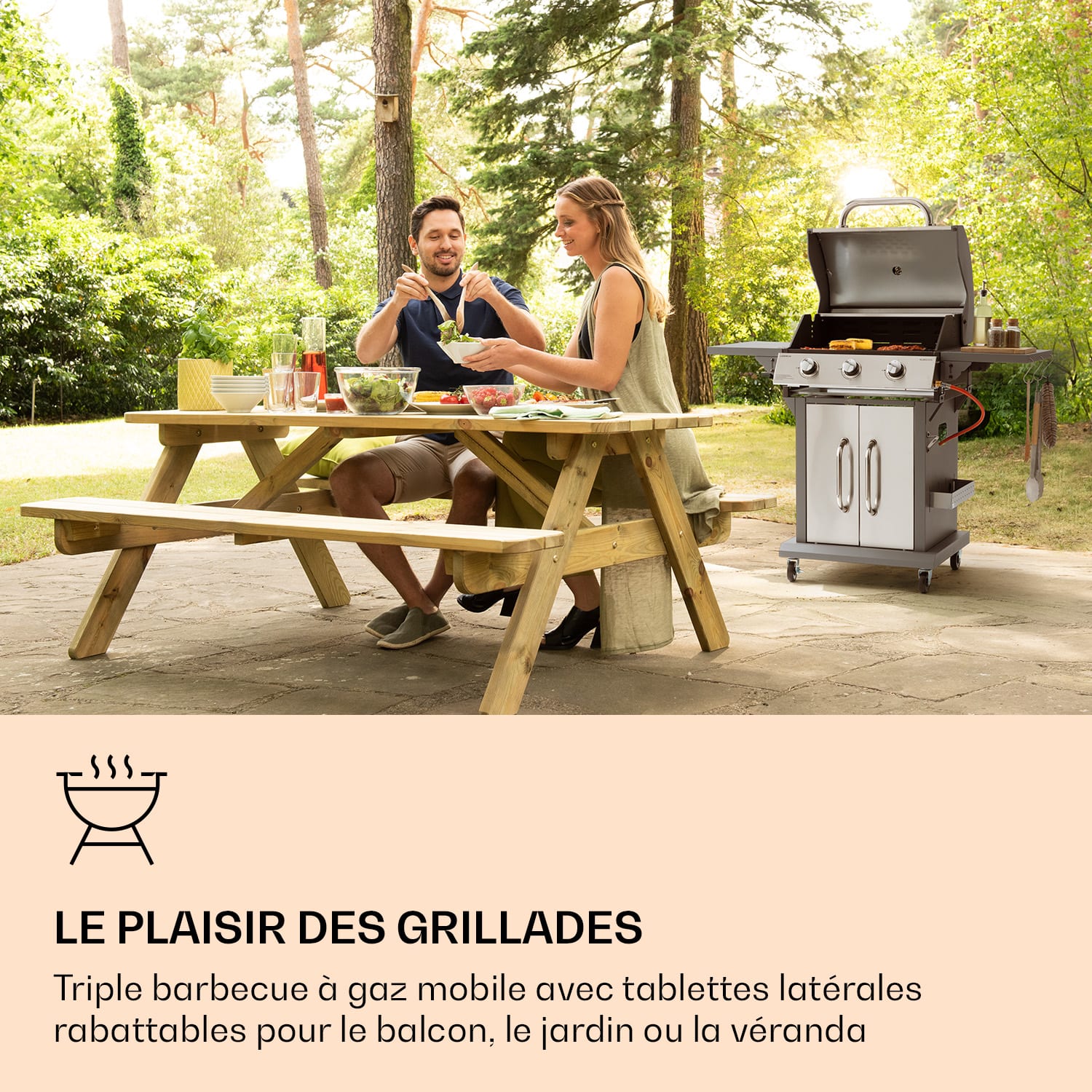 Lucifer 3 Barbecue à gaz 3 x 3,6 kW brûleurs 60 x 45 cm barbecue inox mobile 3 brûleurs | Argent Métallisé