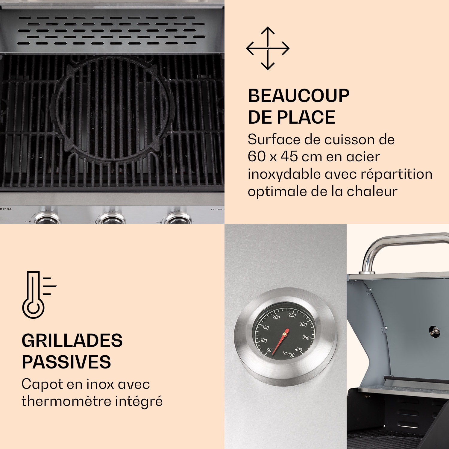 Lucifer 3 Barbecue à gaz 3 x 3,6 kW brûleurs 60 x 45 cm barbecue inox mobile 3 brûleurs | Argent Métallisé