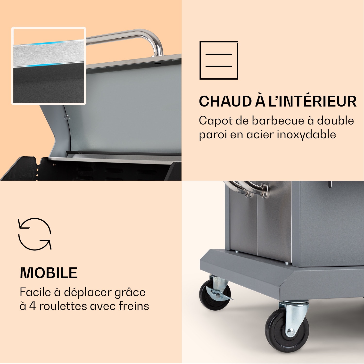 Lucifer 3 Barbecue à gaz 3 x 3,6 kW brûleurs 60 x 45 cm barbecue inox mobile 3 brûleurs | Argent Métallisé