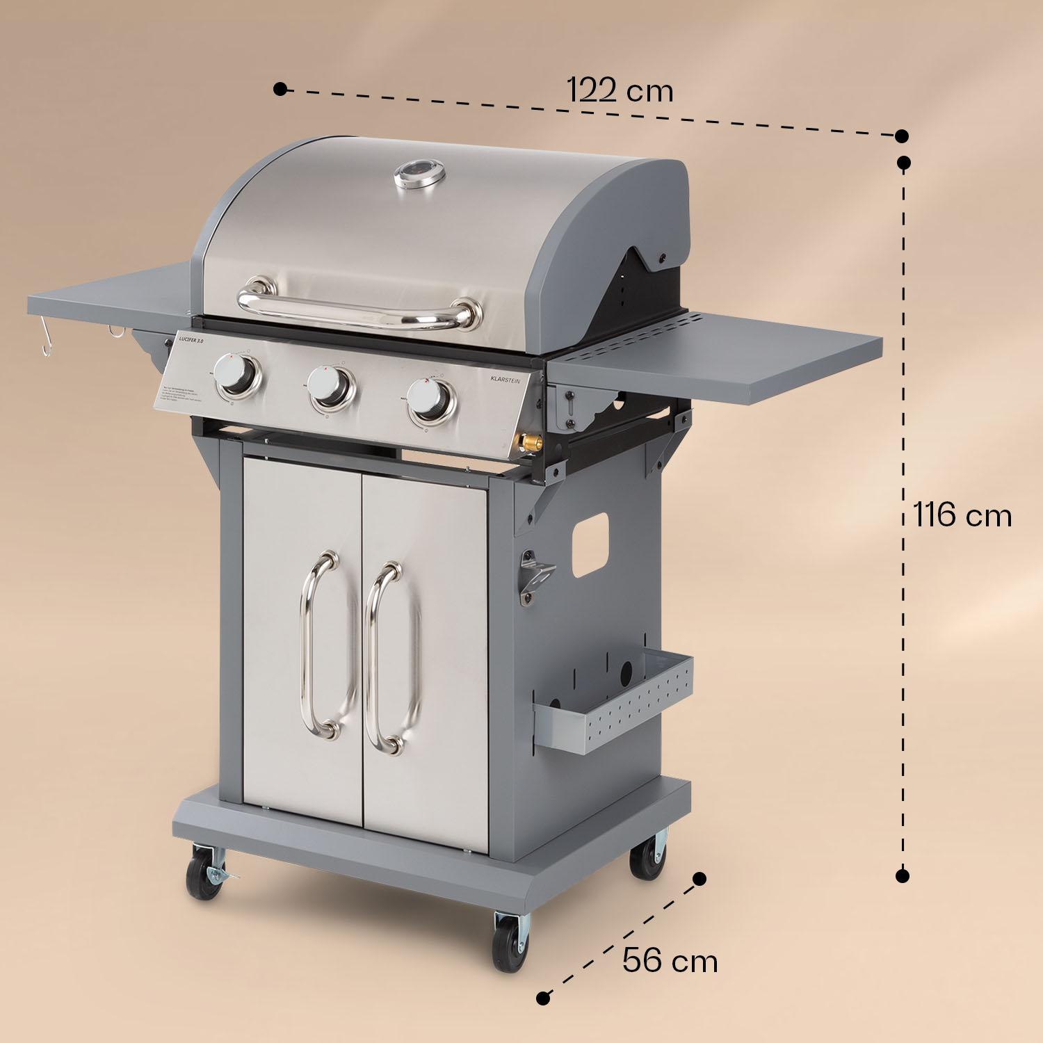 Lucifer 3 Barbecue à gaz 3 x 3,6 kW brûleurs 60 x 45 cm barbecue inox mobile 3 brûleurs | Argent Métallisé
