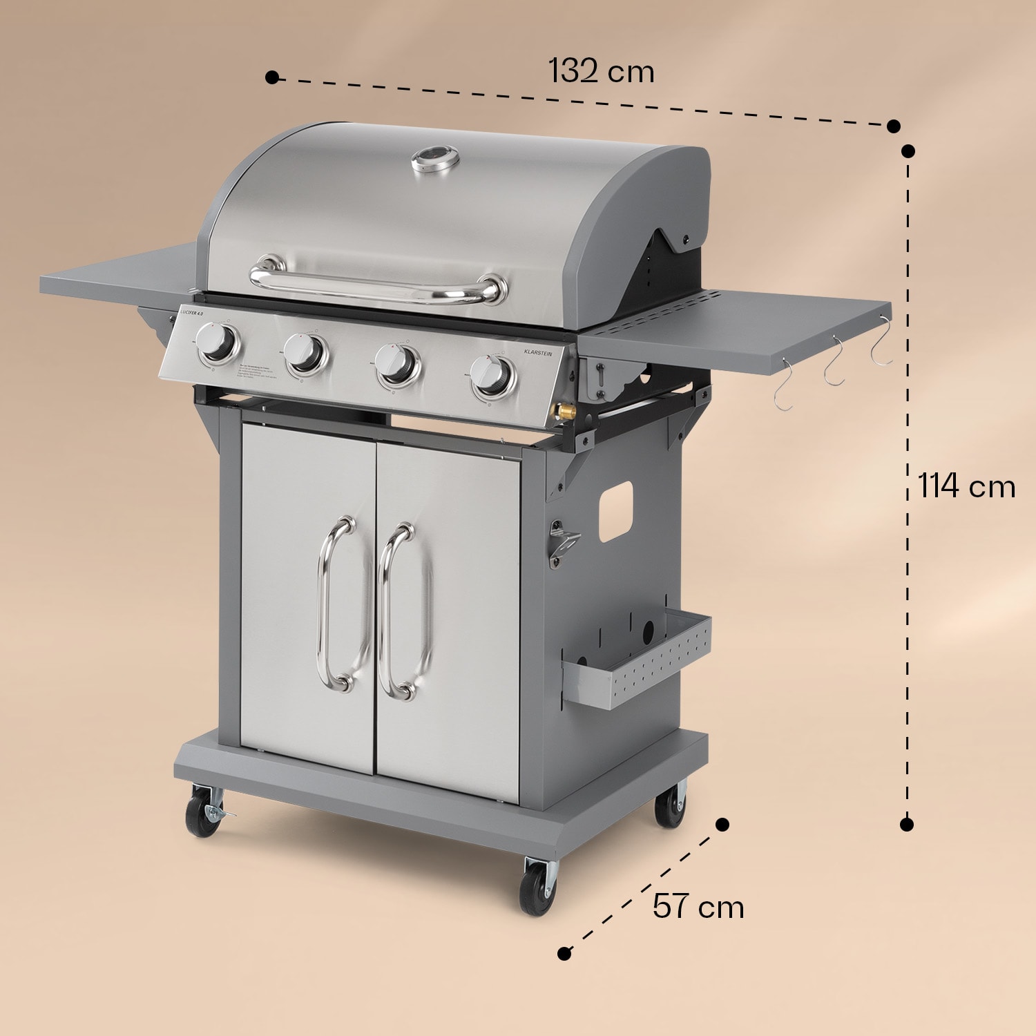 Lucifer 4 Barbecue à gaz 4 x 3,6 kW brûleurs 69 x 45 cm barbecue inox mobile 4 brûleurs | Argent Métallisé