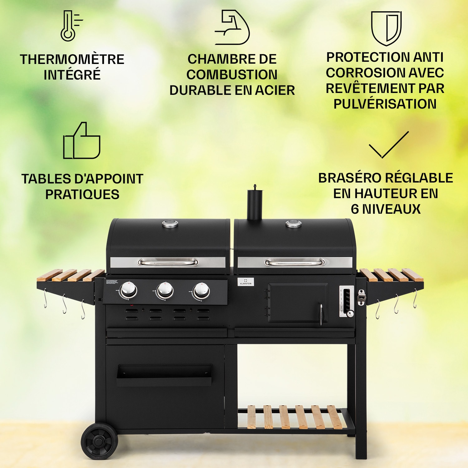 Aberdeen combi-grill gas houtskool smoker thermometer 2 zijtafels mobiel 3 branders