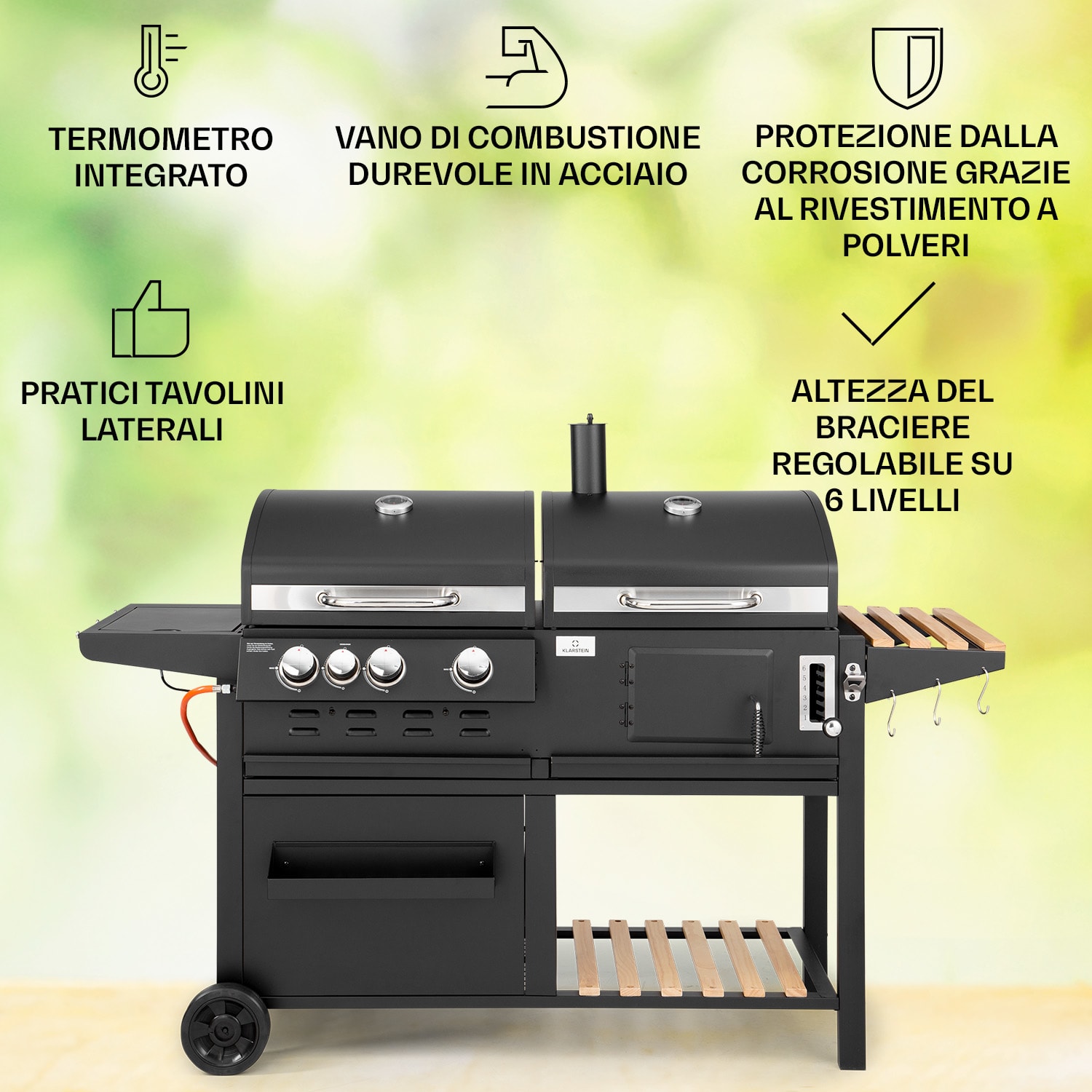Aberdeen combinazione grill a gas, carbone, affumicatore con termometro, 2 tavoli laterali, mobile 3 bruciatori principali + 1 bruciatore ausiliario