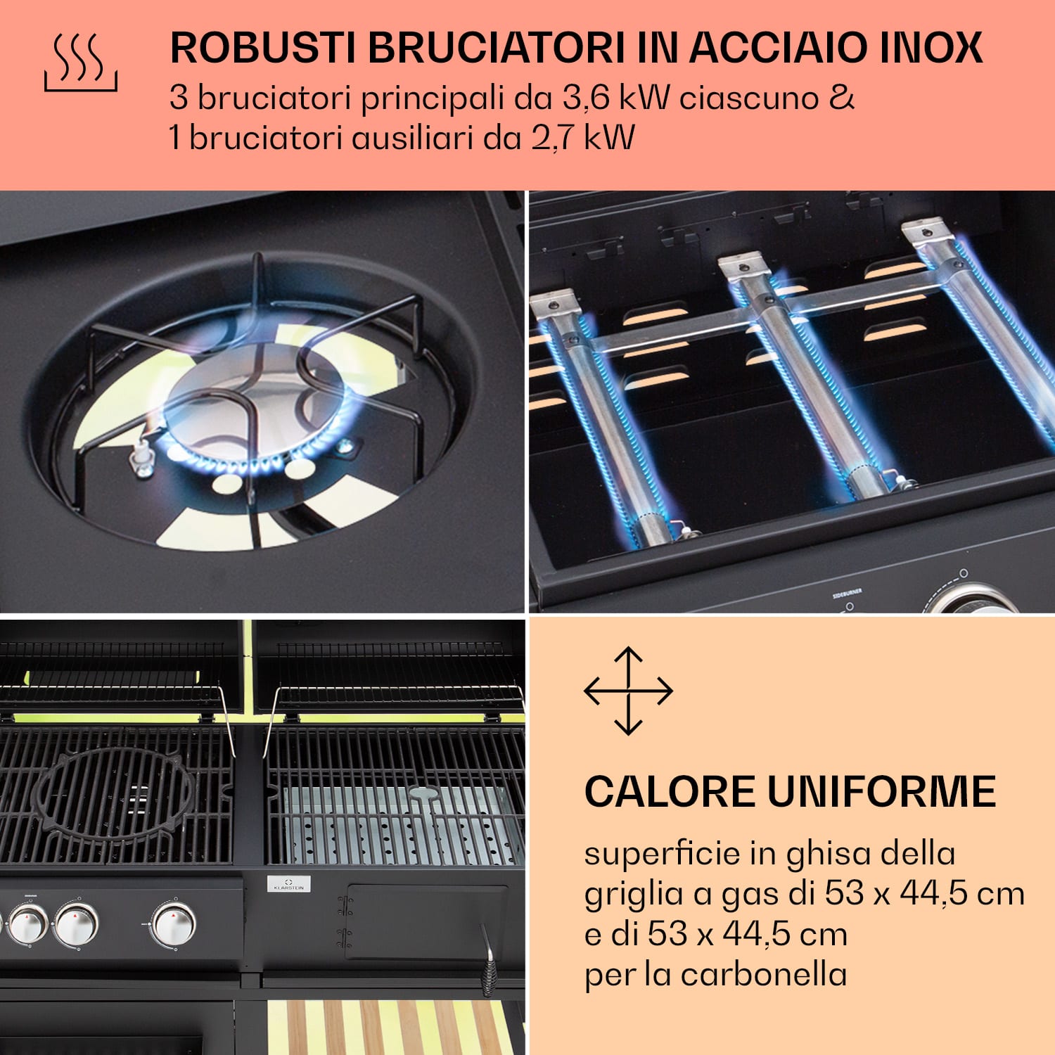 Aberdeen combinazione grill a gas, carbone, affumicatore con termometro, 2 tavoli laterali, mobile 3 bruciatori principali + 1 bruciatore ausiliario