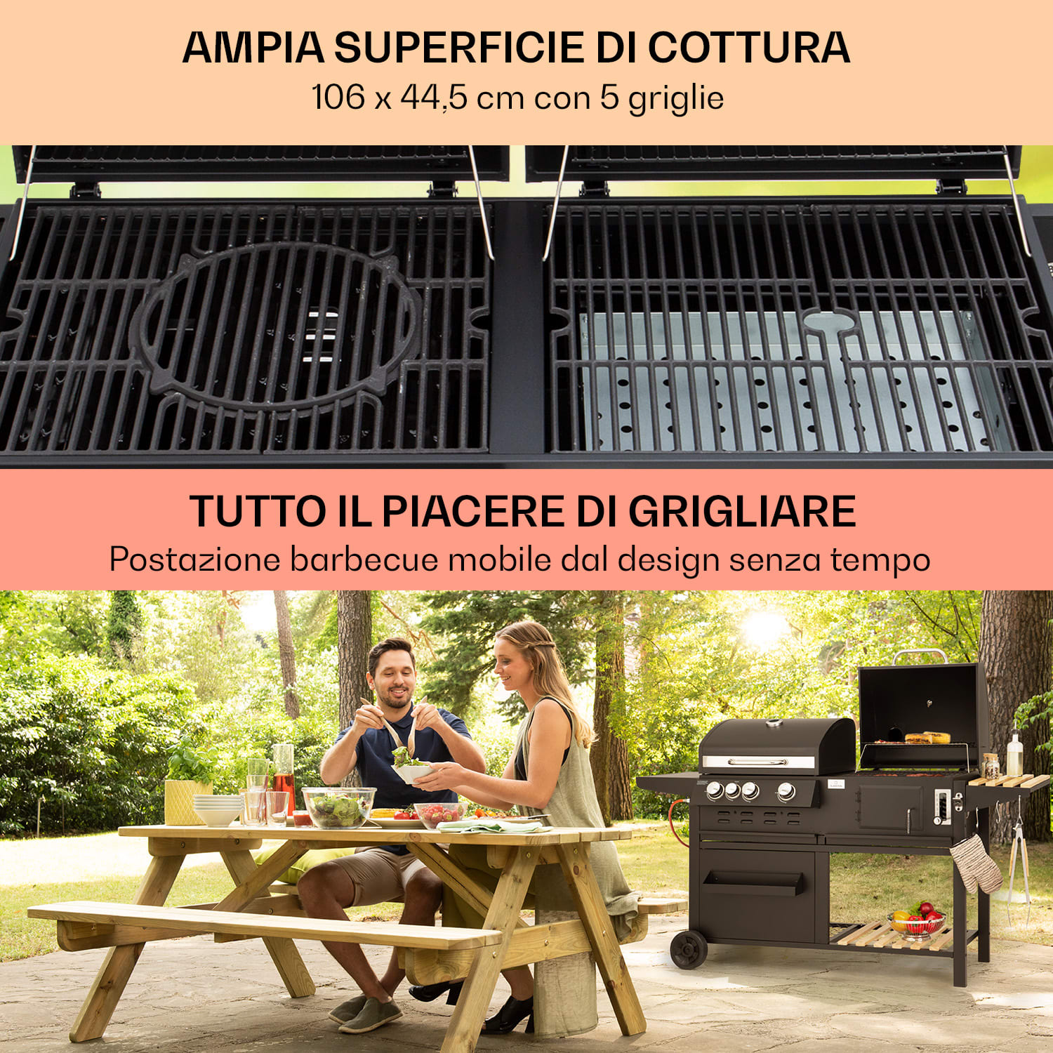 Aberdeen combinazione grill a gas, carbone, affumicatore con termometro, 2 tavoli laterali, mobile 3 bruciatori principali + 1 bruciatore ausiliario