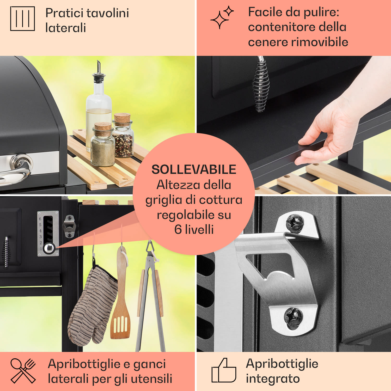 Aberdeen combinazione grill a gas, carbone, affumicatore con termometro, 2 tavoli laterali, mobile 3 bruciatori principali + 1 bruciatore ausiliario