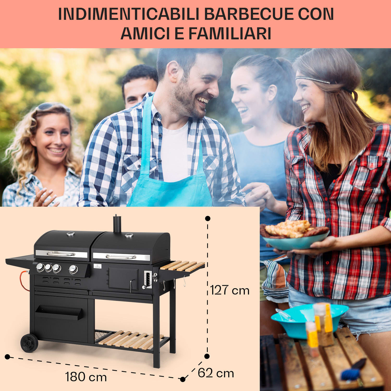 Aberdeen combinazione grill a gas, carbone, affumicatore con termometro, 2 tavoli laterali, mobile 3 bruciatori principali + 1 bruciatore ausiliario