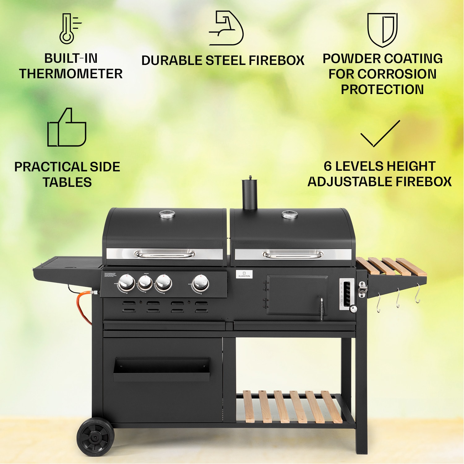 Aberdeen combi-grill gas houtskool smoker thermometer 2 zijtafels mobiel 3 hoofdbrander + 1 zijbrander