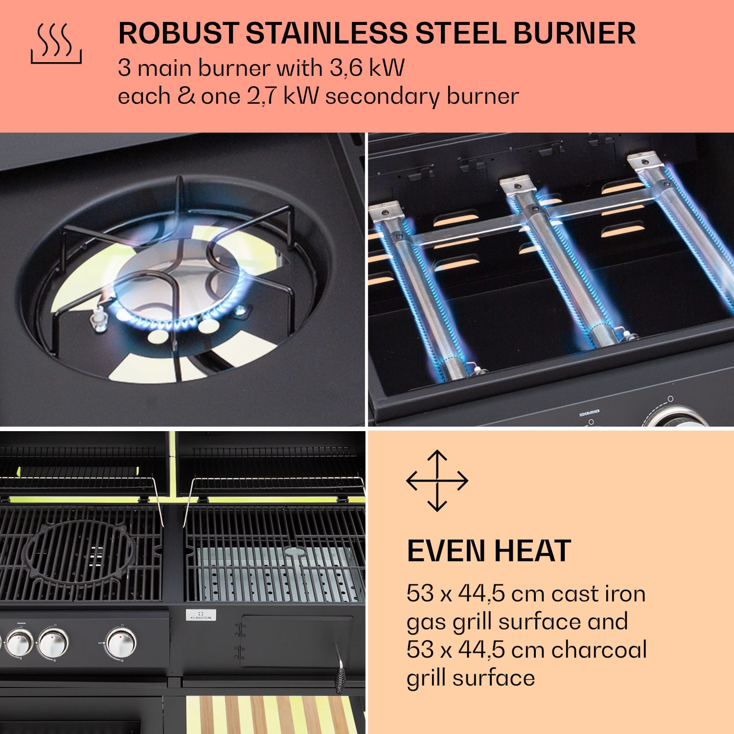 Aberdeen combi-grill gas houtskool smoker thermometer 2 zijtafels mobiel 3 hoofdbrander + 1 zijbrander