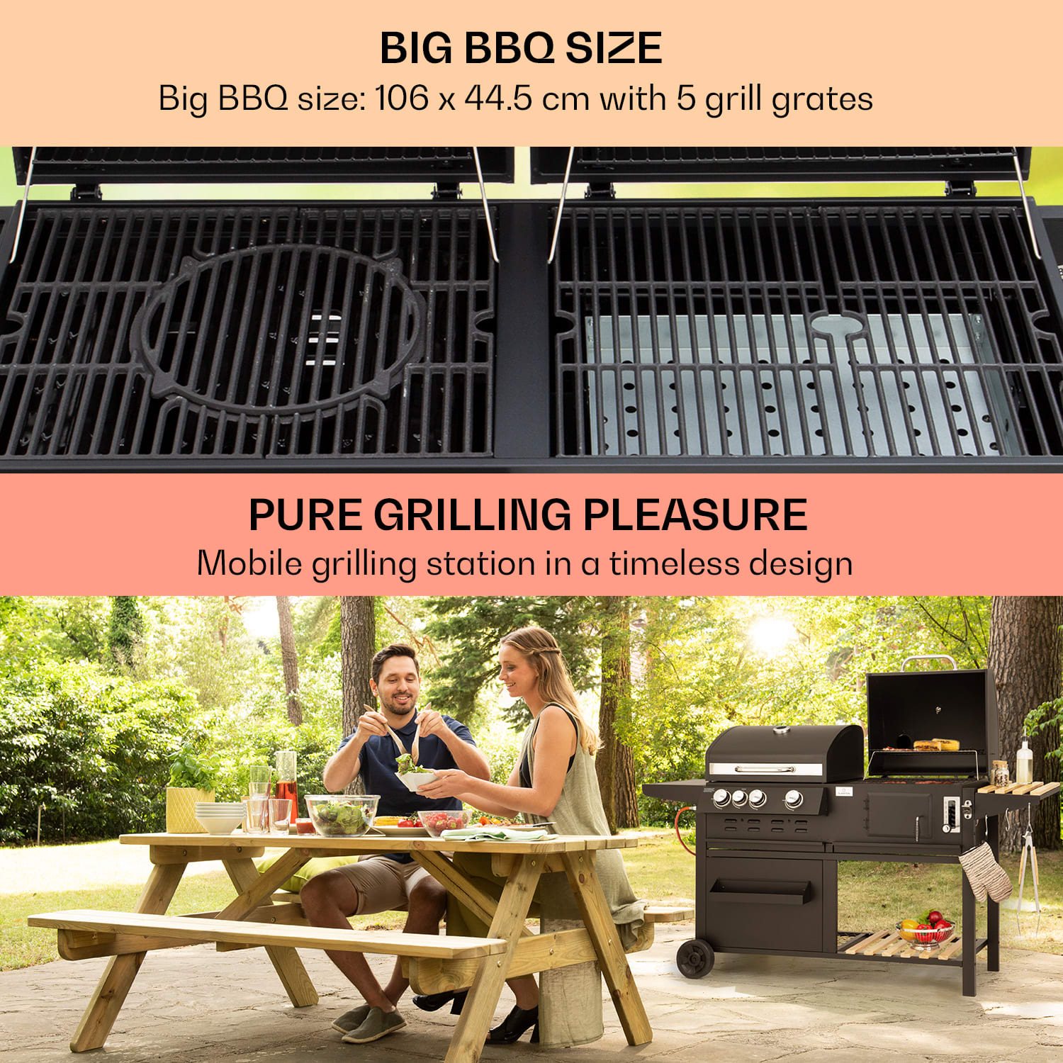 Aberdeen combi-grill gas houtskool smoker thermometer 2 zijtafels mobiel 3 hoofdbrander + 1 zijbrander