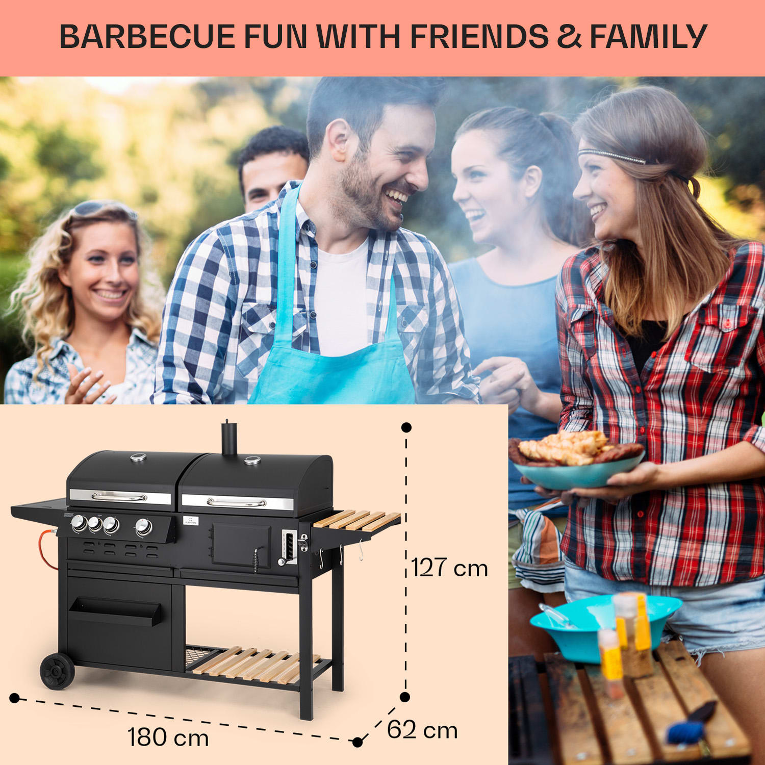 Aberdeen combi-grill gas houtskool smoker thermometer 2 zijtafels mobiel 3 hoofdbrander + 1 zijbrander