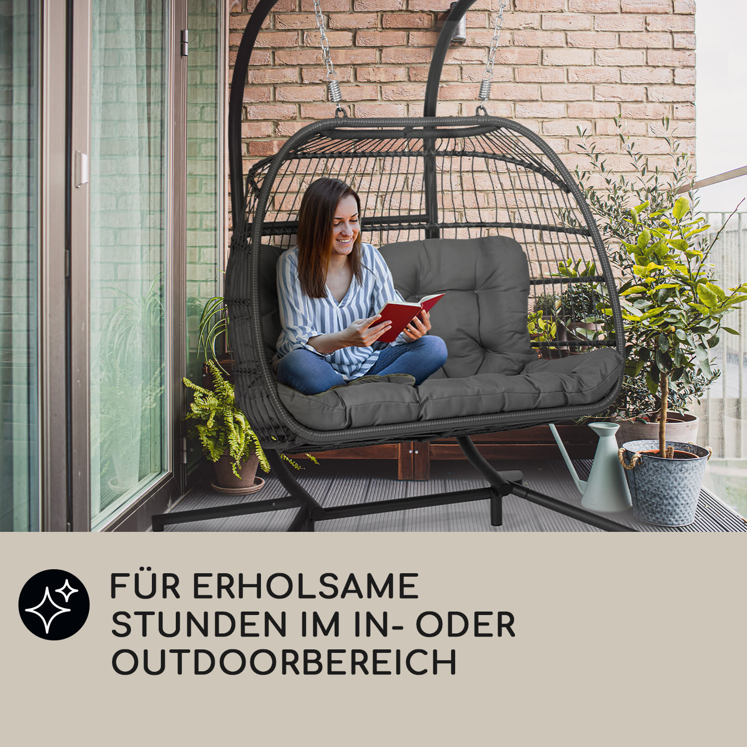 Biarritz Double Hängesessel Zweier PE Aluminium Polyrattan 260 kg Zweisitzer | Grau