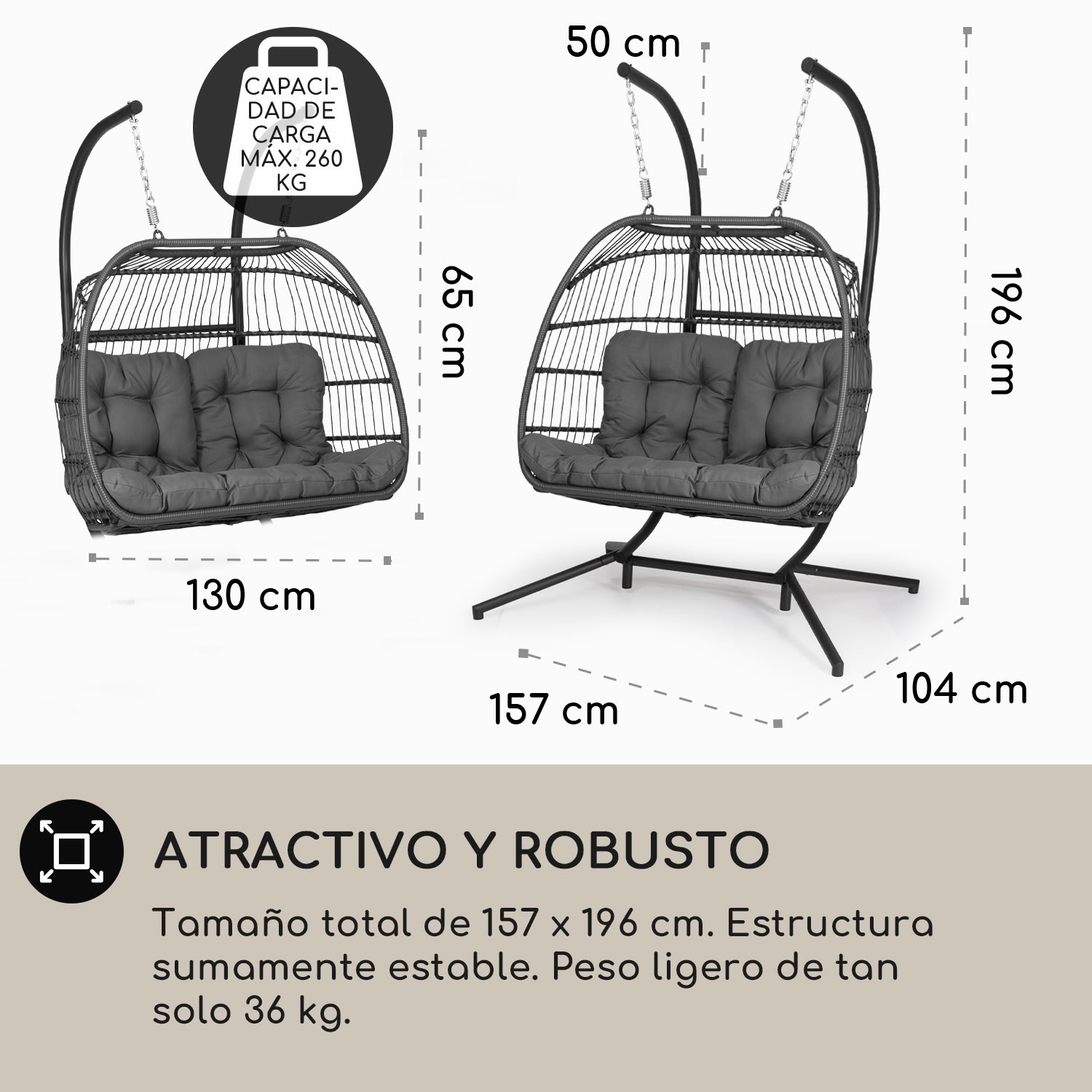 Biarritz Silla Colgante Doble Asiento de dos plazas Cojín de poliéster Aluminio Polyrattan 260 kg Dos plazas | Gris