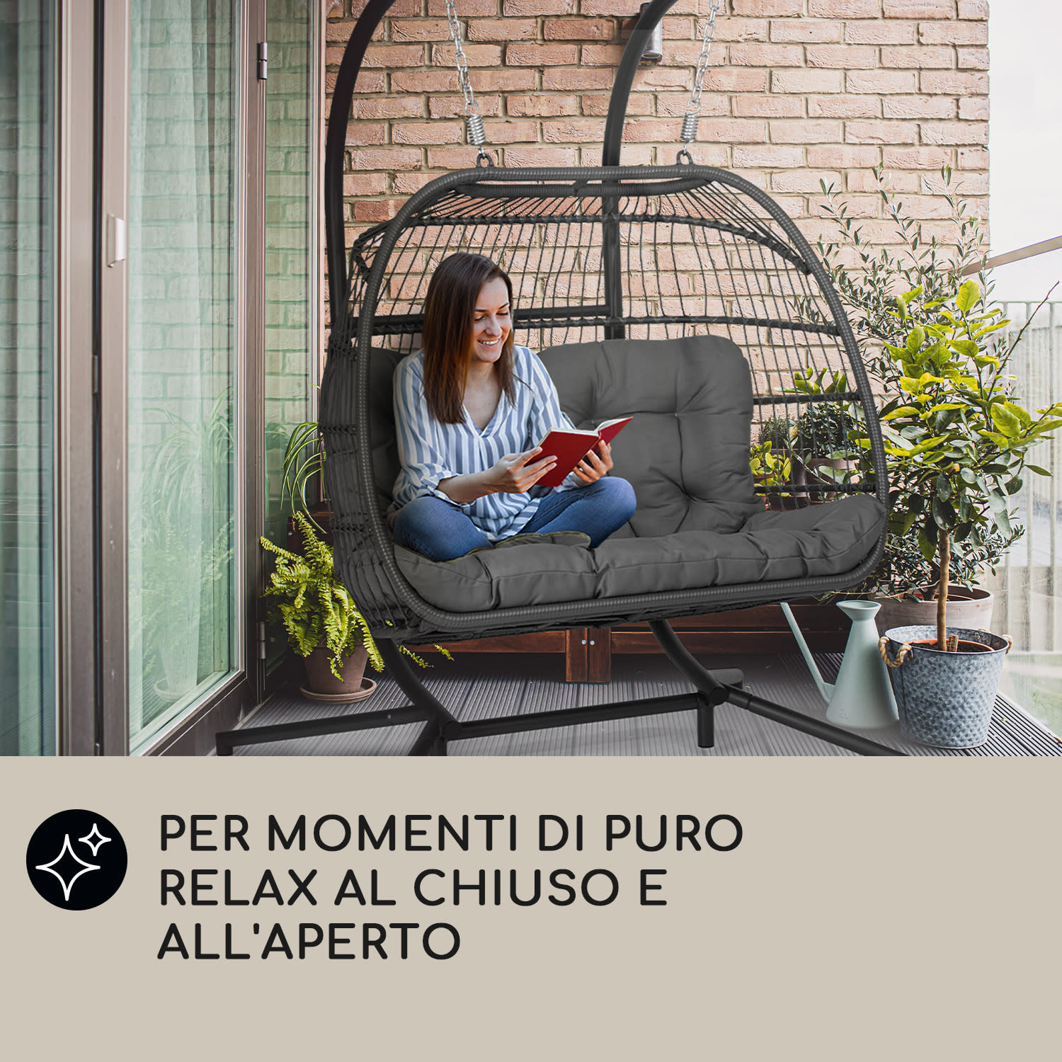 Biarritz Double - Poltrona sospesa a due posti, cuscino di seduta, poliestere, alluminio, polyrattan, 260 kg A due posti | Grigio