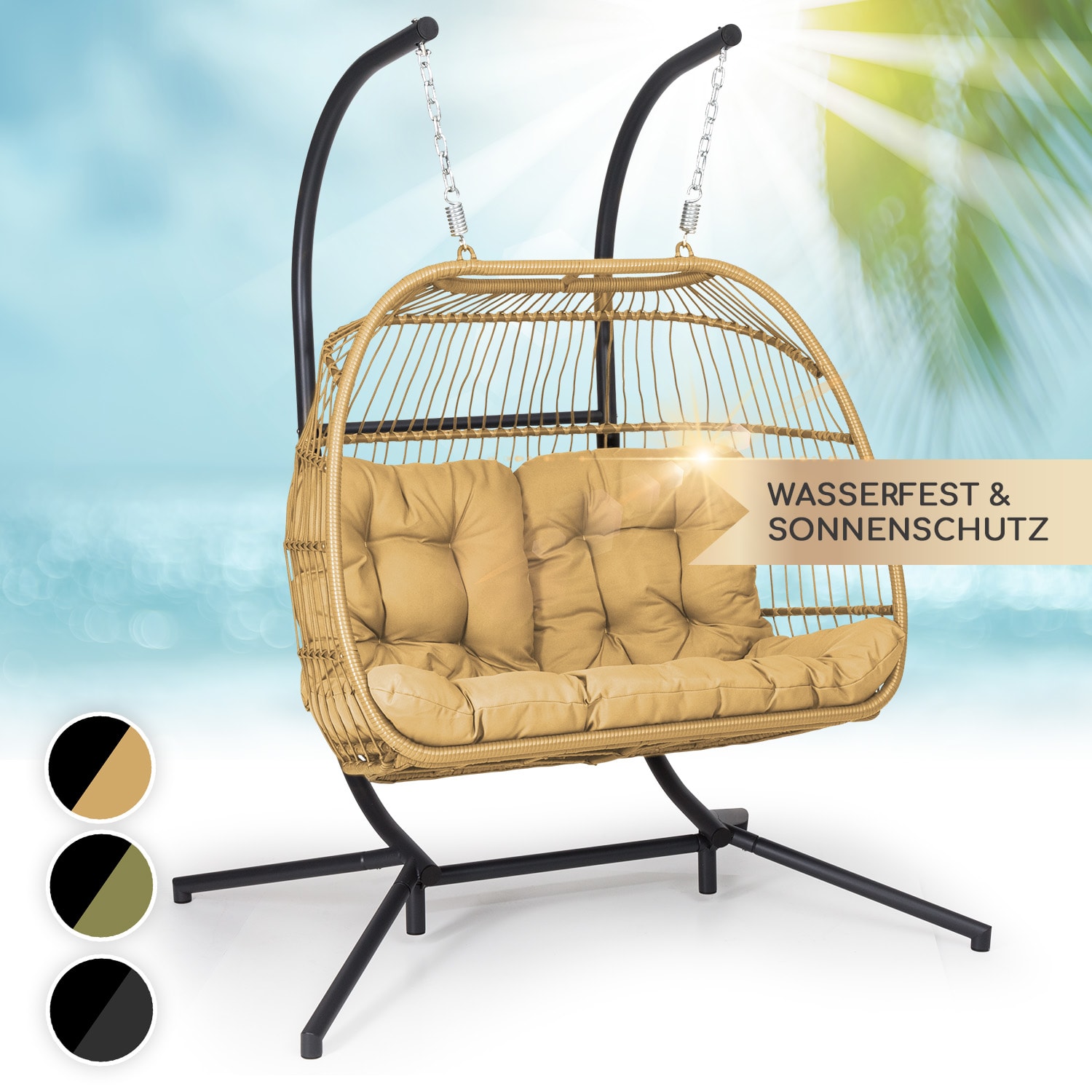Biarritz Double Hängesessel Zweier PE Aluminium Polyrattan 260 kg Zweisitzer | Honigfarben