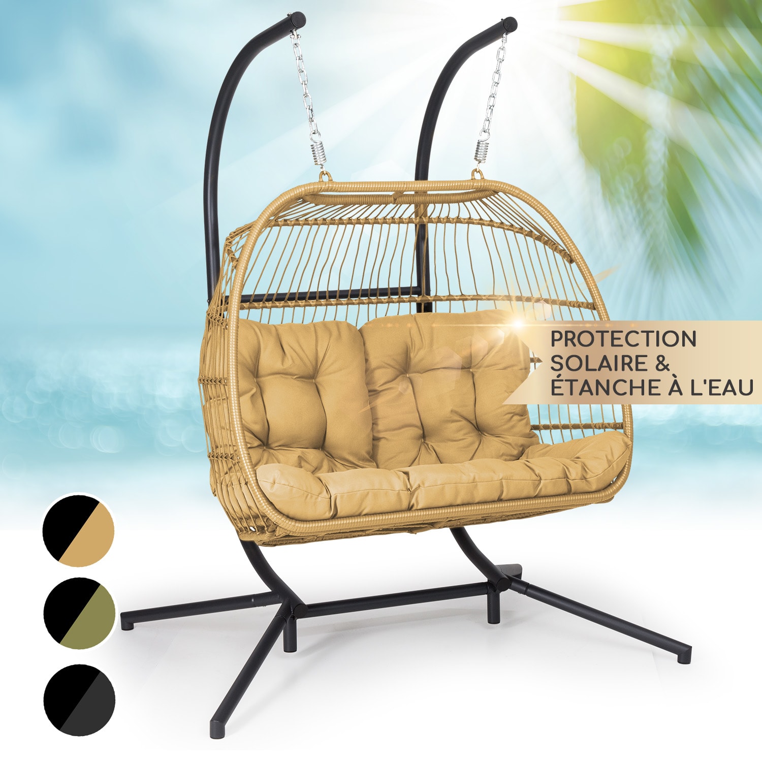Biarritz Double Fauteuil suspendu individuel Coussin d'assise polyester Aluminium Polyrotin 260 kg Biplace | Miel Doré
