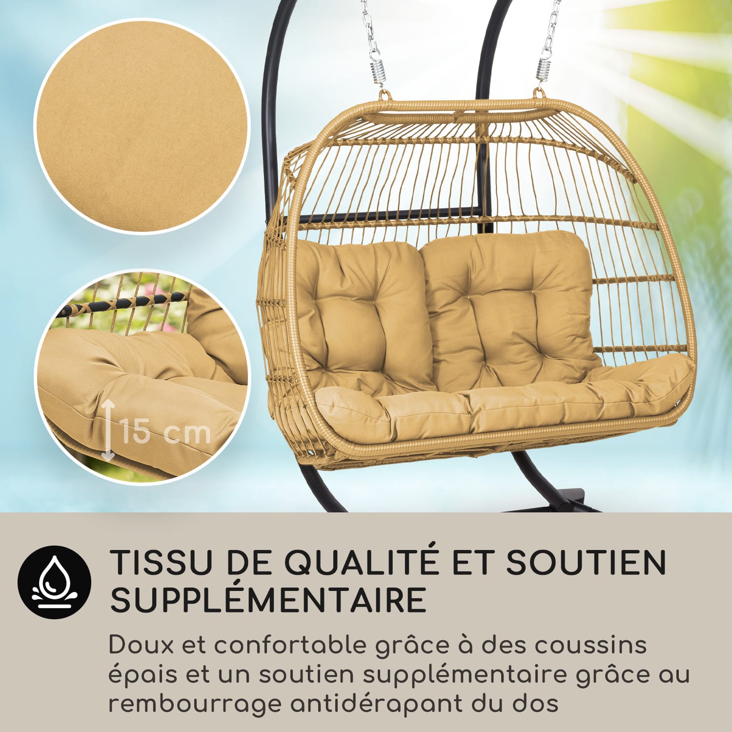 Biarritz Double Fauteuil suspendu individuel Coussin d'assise polyester Aluminium Polyrotin 260 kg Biplace | Miel Doré