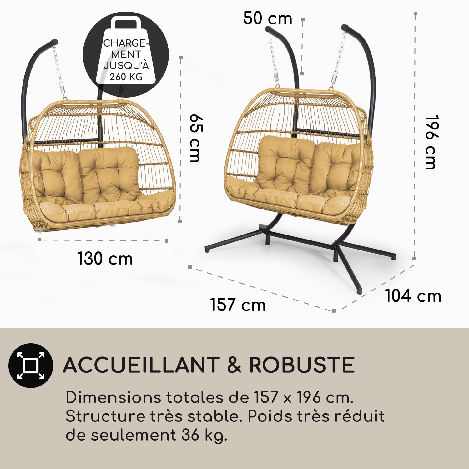 Biarritz Double Fauteuil suspendu individuel Coussin d'assise polyester Aluminium Polyrotin 260 kg Biplace | Miel Doré