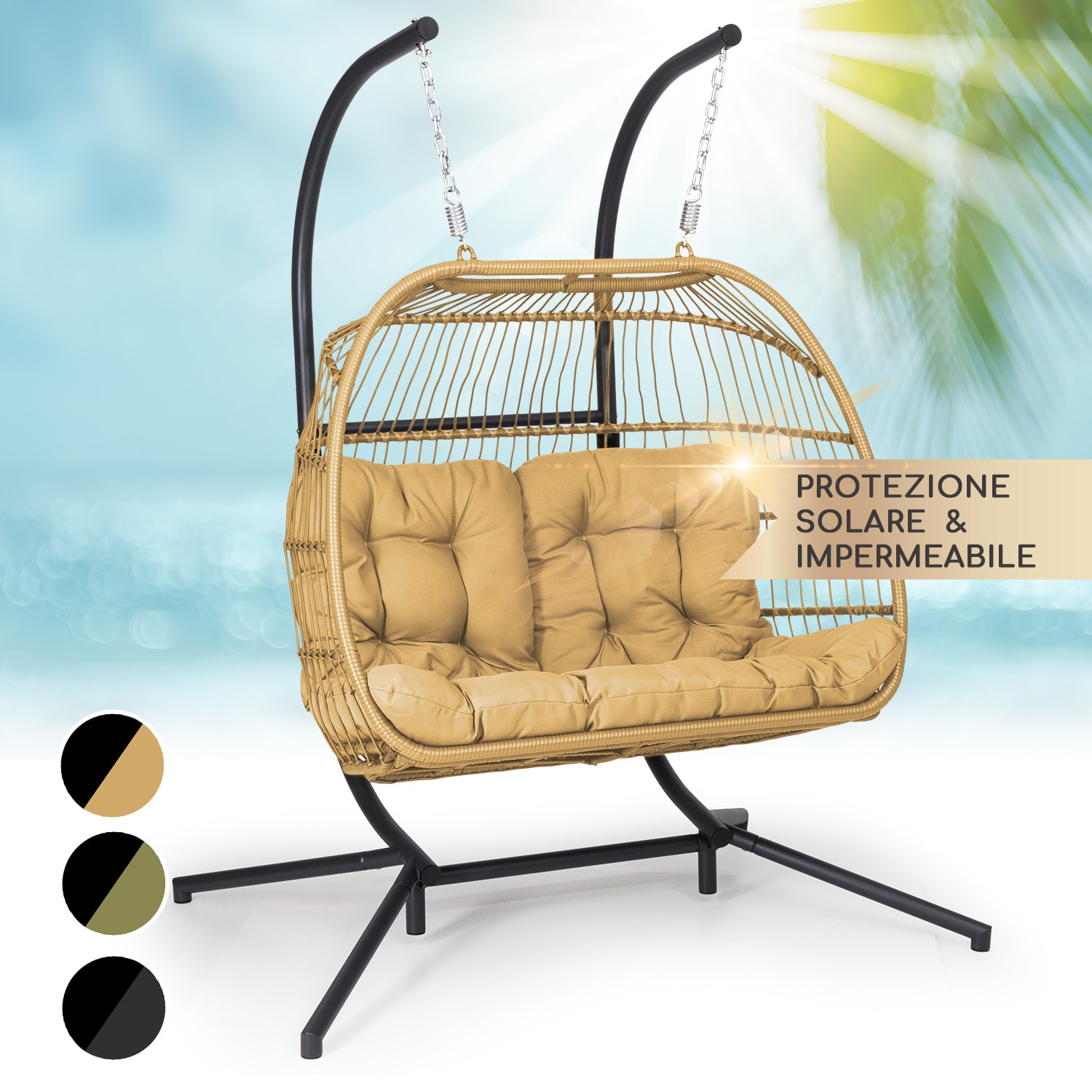Biarritz Double - Poltrona sospesa a due posti, cuscino di seduta, poliestere, alluminio, polyrattan, 260 kg A due posti | Oro