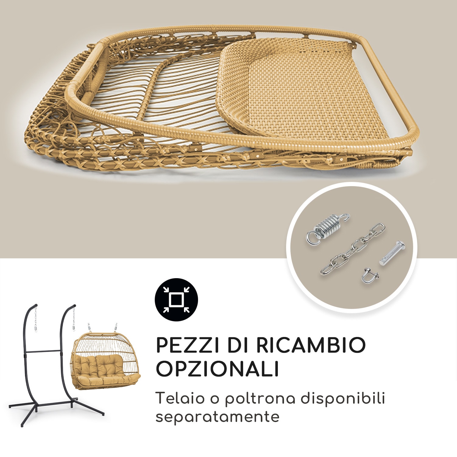 Biarritz Double - Poltrona sospesa a due posti, cuscino di seduta, poliestere, alluminio, polyrattan, 260 kg A due posti | Oro
