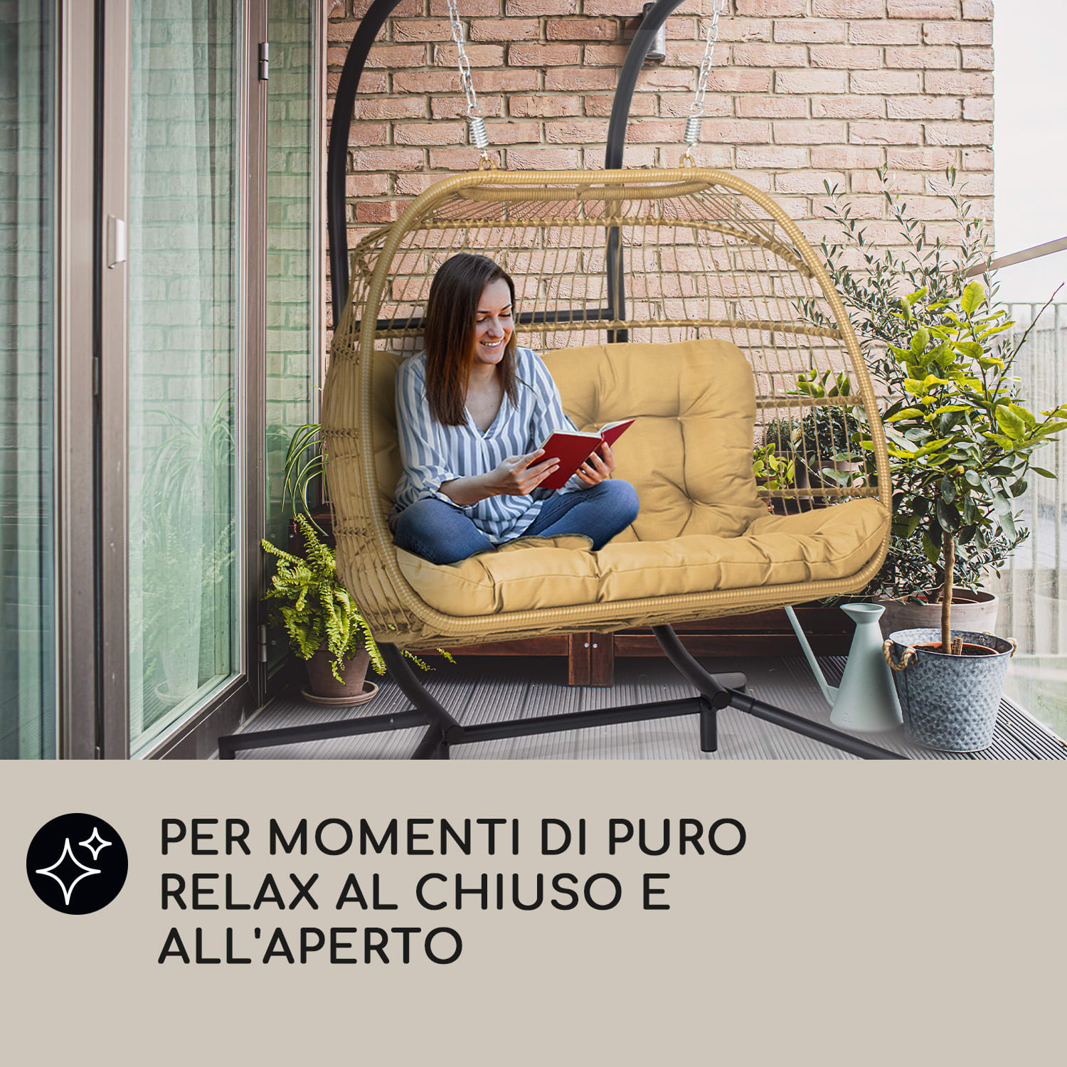 Biarritz Double - Poltrona sospesa a due posti, cuscino di seduta, poliestere, alluminio, polyrattan, 260 kg A due posti | Oro