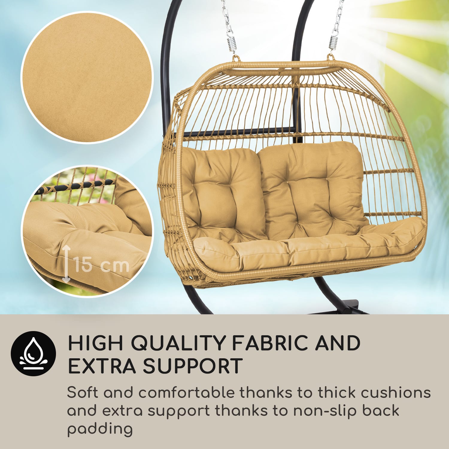 Biarritz Double, závesné kreslo, dvojmiestne sedadlo, vankúš, polyester, hliník, polyratan, 260 kg Dvojsedadlový | Zlatý med