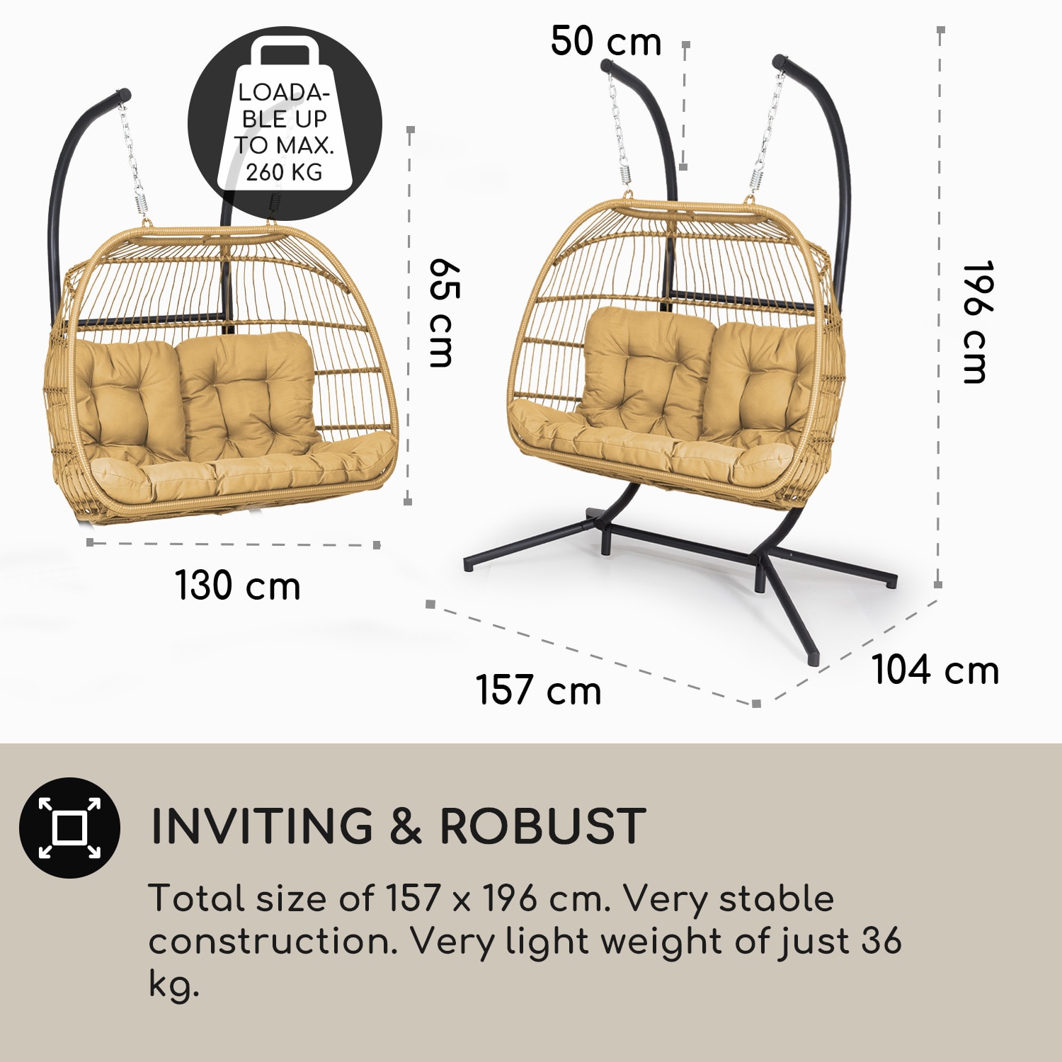 Biarritz Double, závesné kreslo, dvojmiestne sedadlo, vankúš, polyester, hliník, polyratan, 260 kg Dvojsedadlový | Zlatý med