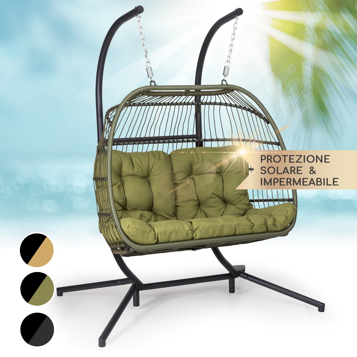 Biarritz Double - Poltrona sospesa a due posti, cuscino di seduta, poliestere, alluminio, polyrattan, 260 kg A due posti | Verde oliva