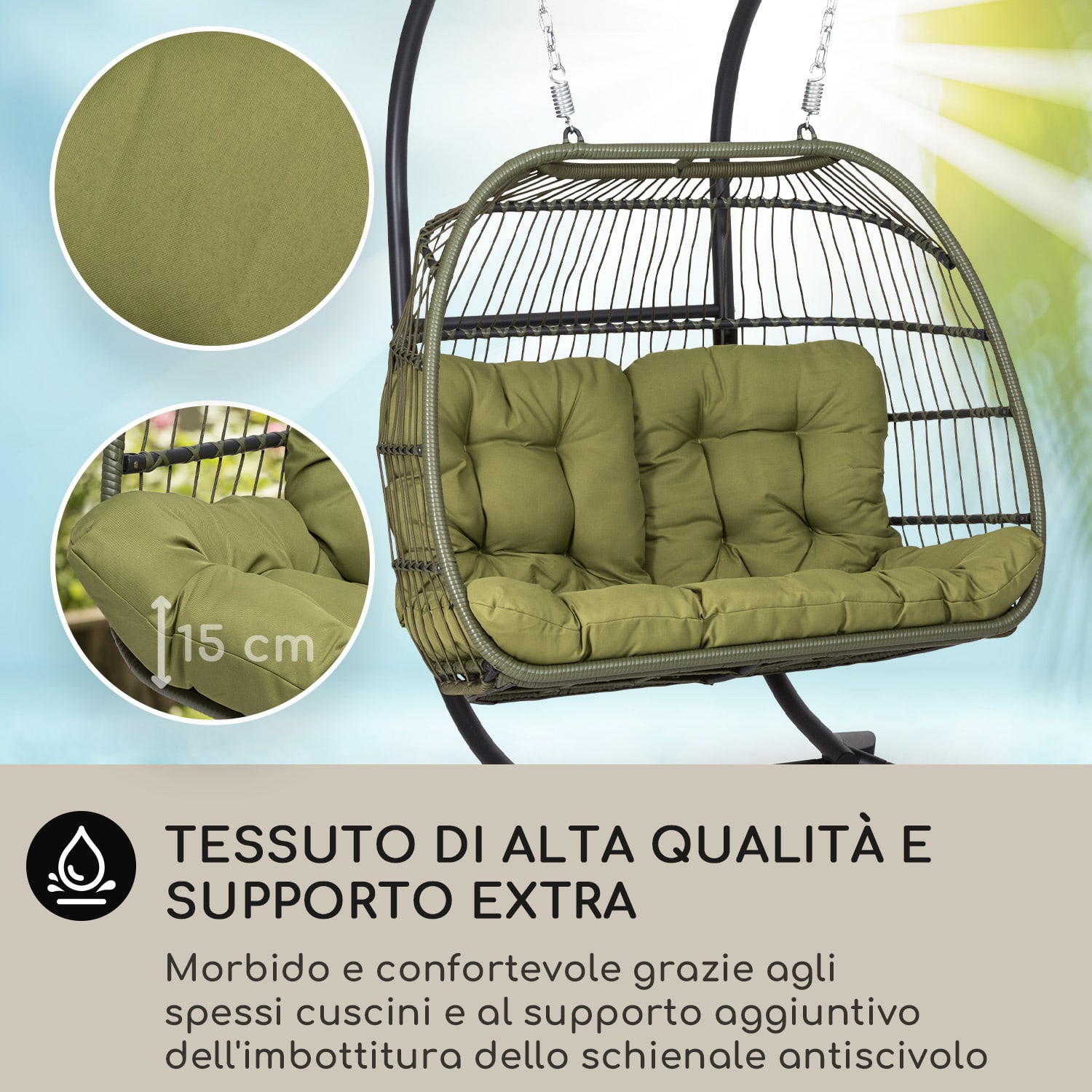Biarritz Double - Poltrona sospesa a due posti, cuscino di seduta, poliestere, alluminio, polyrattan, 260 kg A due posti | Verde oliva
