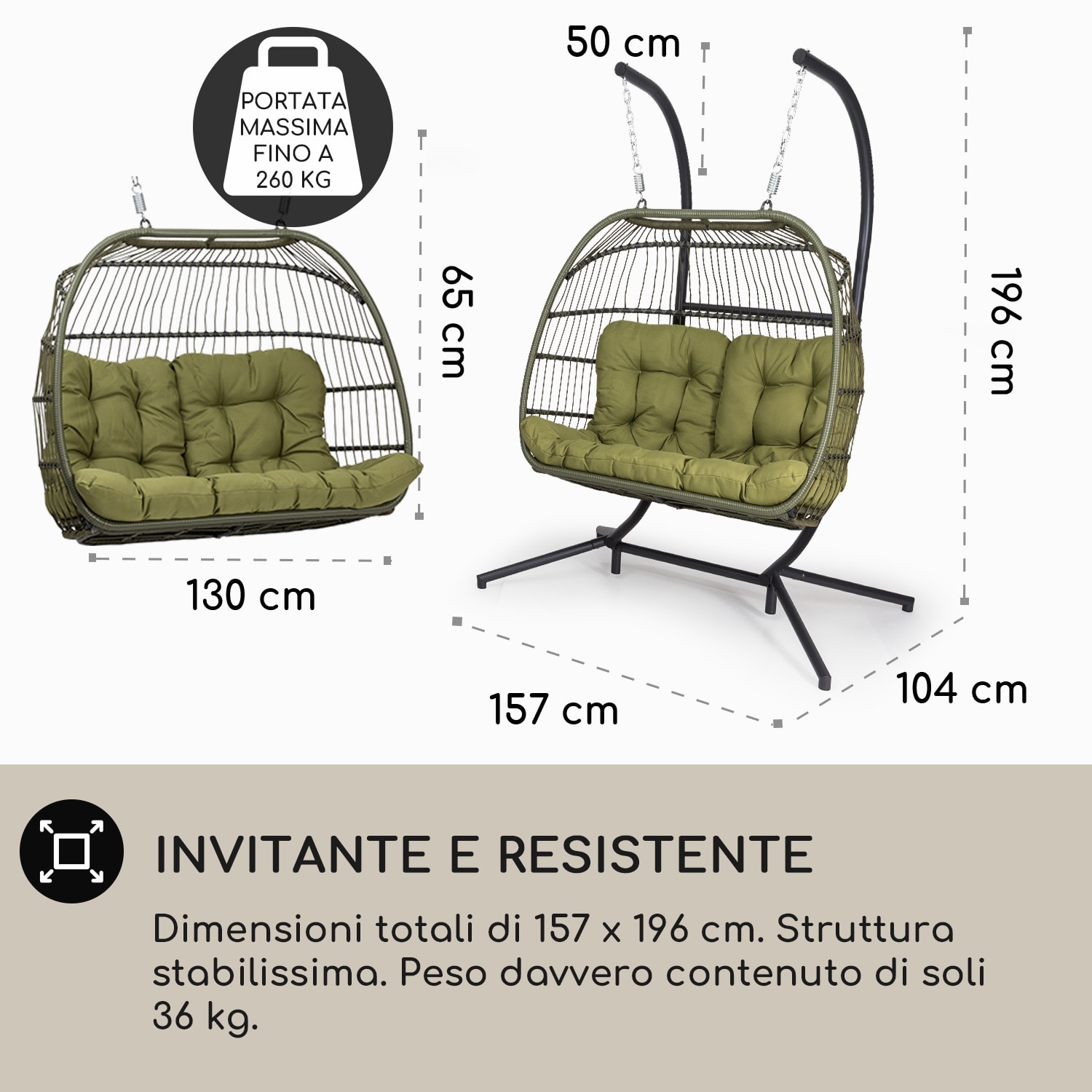 Biarritz Double - Poltrona sospesa a due posti, cuscino di seduta, poliestere, alluminio, polyrattan, 260 kg A due posti | Verde oliva