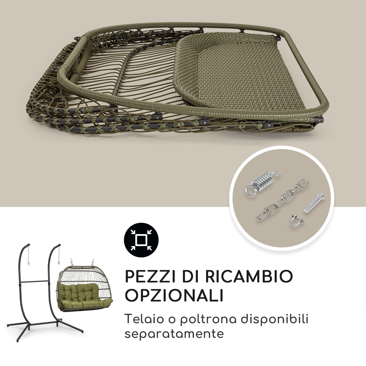 Biarritz Double - Poltrona sospesa a due posti, cuscino di seduta, poliestere, alluminio, polyrattan, 260 kg A due posti | Verde oliva