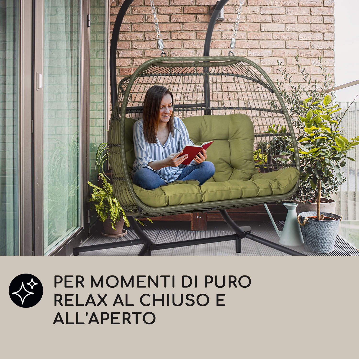 Biarritz Double - Poltrona sospesa a due posti, cuscino di seduta, poliestere, alluminio, polyrattan, 260 kg A due posti | Verde oliva